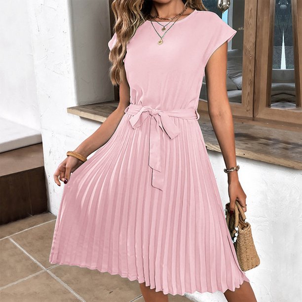Vrouwen Elegante Flatterende Korte Mouwen Riem Midi Zomerjurk - Nora