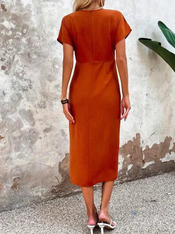 Vrouwen Elegante V Hals Luxe Satijn Korte Mouwen Midi Zomerjurk - EvaMaria