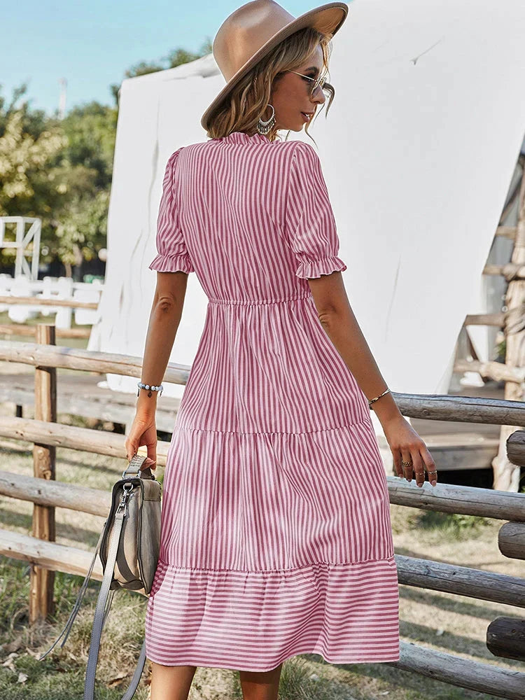 Vrouwen Flatterende Fit Ademend Gestreepte Korte Mouwen Met Knoop Midi Zomerjurk - Lisa