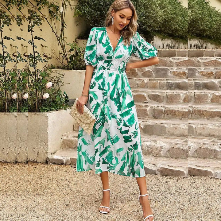 Vrouwen Flatterende V hals en elastische taille Midi zomerjurk - Linda