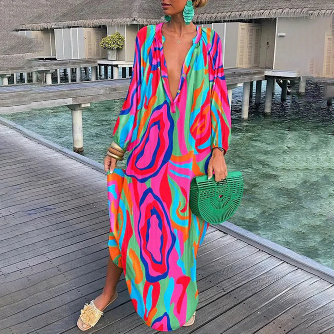 Vrouwen Lichtgewicht Boho Design Maxi Zomerjurk met lange mouwen - Aliyah