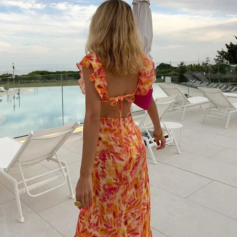 Vrouwen Mouwloos met Ruches en V hals  Chique Boho Stijl Maxi Zomerjurk - Aya