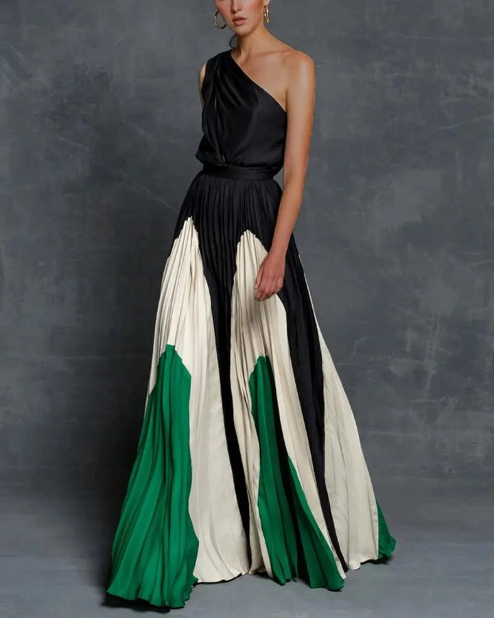 Vrouwen Off the Shoulder kleurblok met vloeiende rok Maxi zomerjurk - Estelle