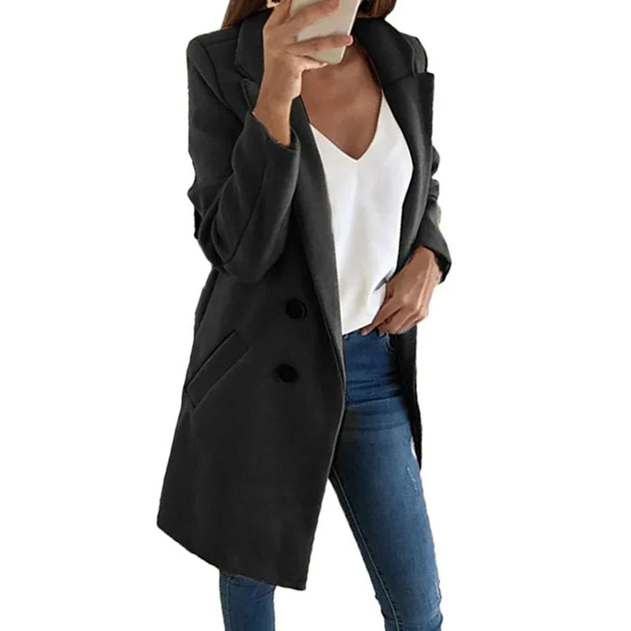 Dames Lange Blazermantel Oversized met Dubbele Rij Knopen