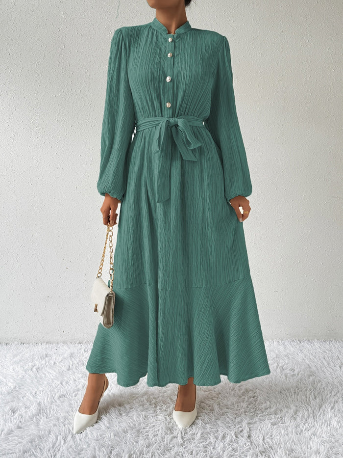 Dames Boho Maxi Jurk met Strikceintuur en Lange Mouwen