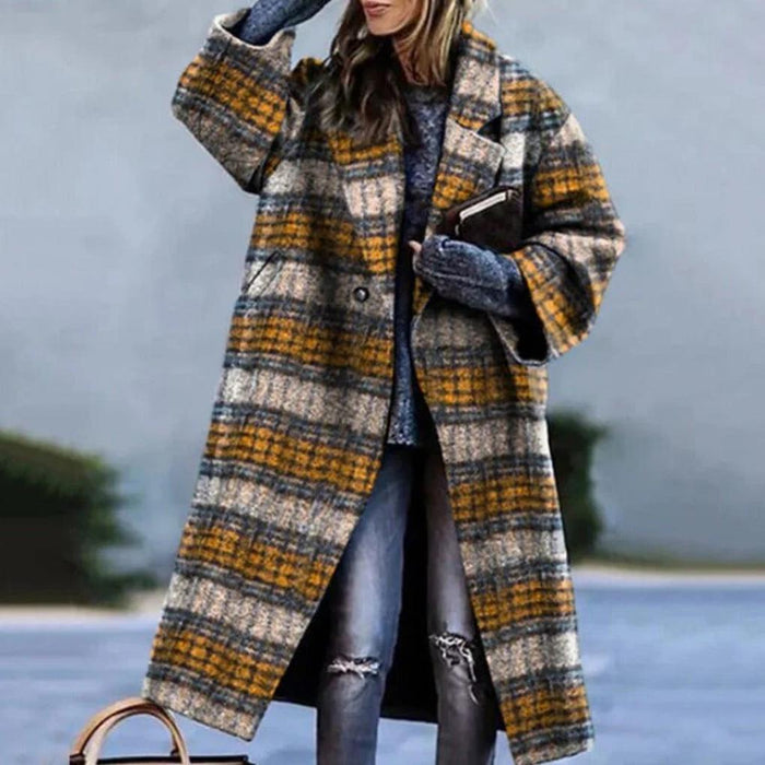 Dames Geruit Lange Jas met Knoopsluiting voor Herfst