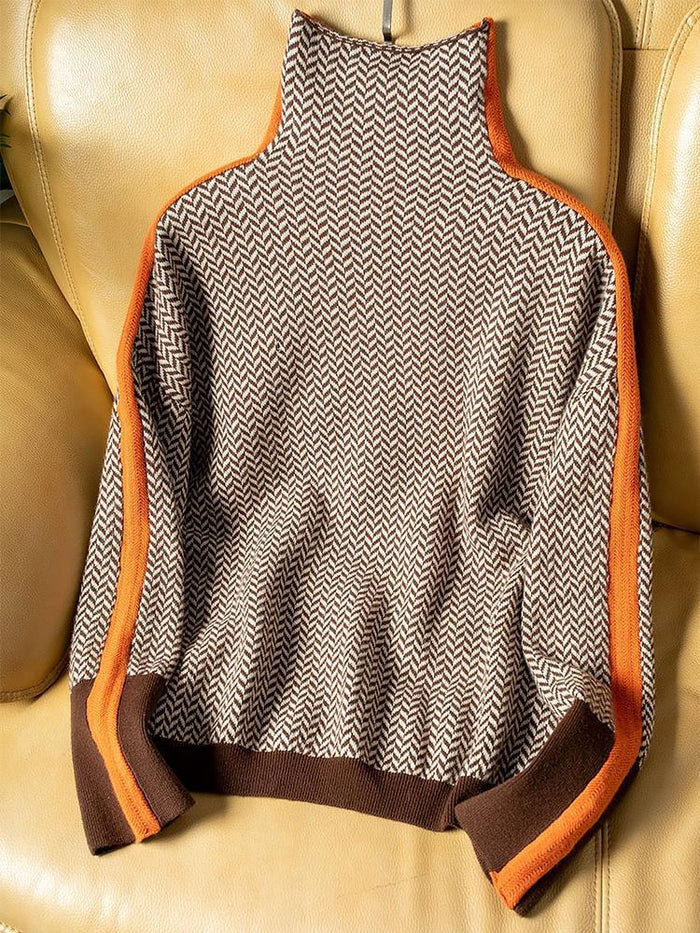 Dames Chevron Pullover met Hoge Col en Contrastdetails