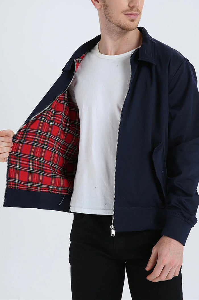 Men's Harrington Jacket with Tartan Lining Zip-Front