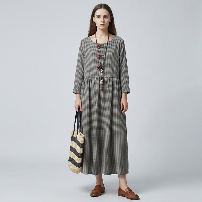 Dames Geruite Maxi Jurk met Lange Mouwen en Swing Rok