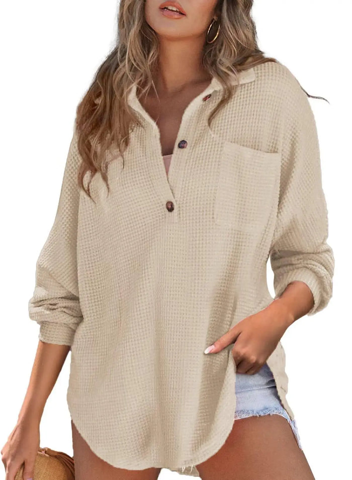 Dames Wafel Oversized Tuniek met Knoopsluiting