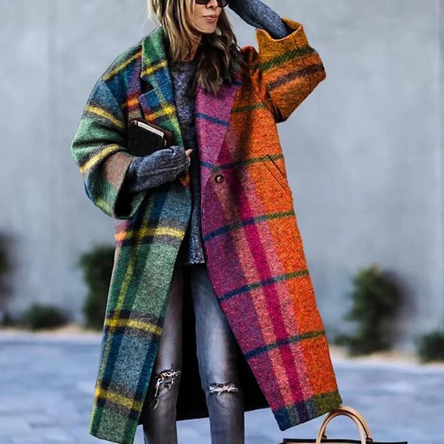 Dames Geruite Lange Trenchcoat met Knoopsluiting