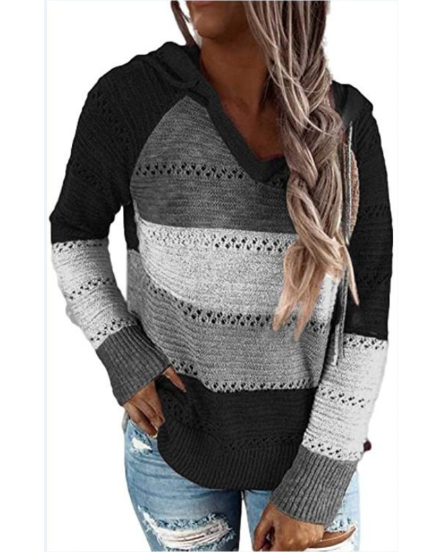 Dames Gehaakte Hoodie met Kleurblokken en Capuchon
