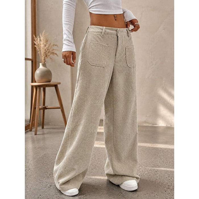 Dames Ribfluwelen Wijde Broek met Hoge Taille en Zakken
